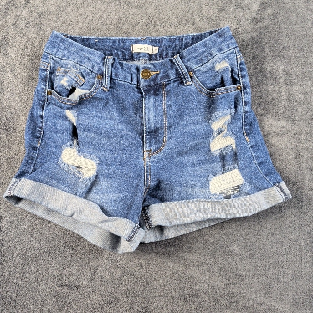 Rue21 Denim Jean Cuffed High Rise Shorts Distressed Size 12